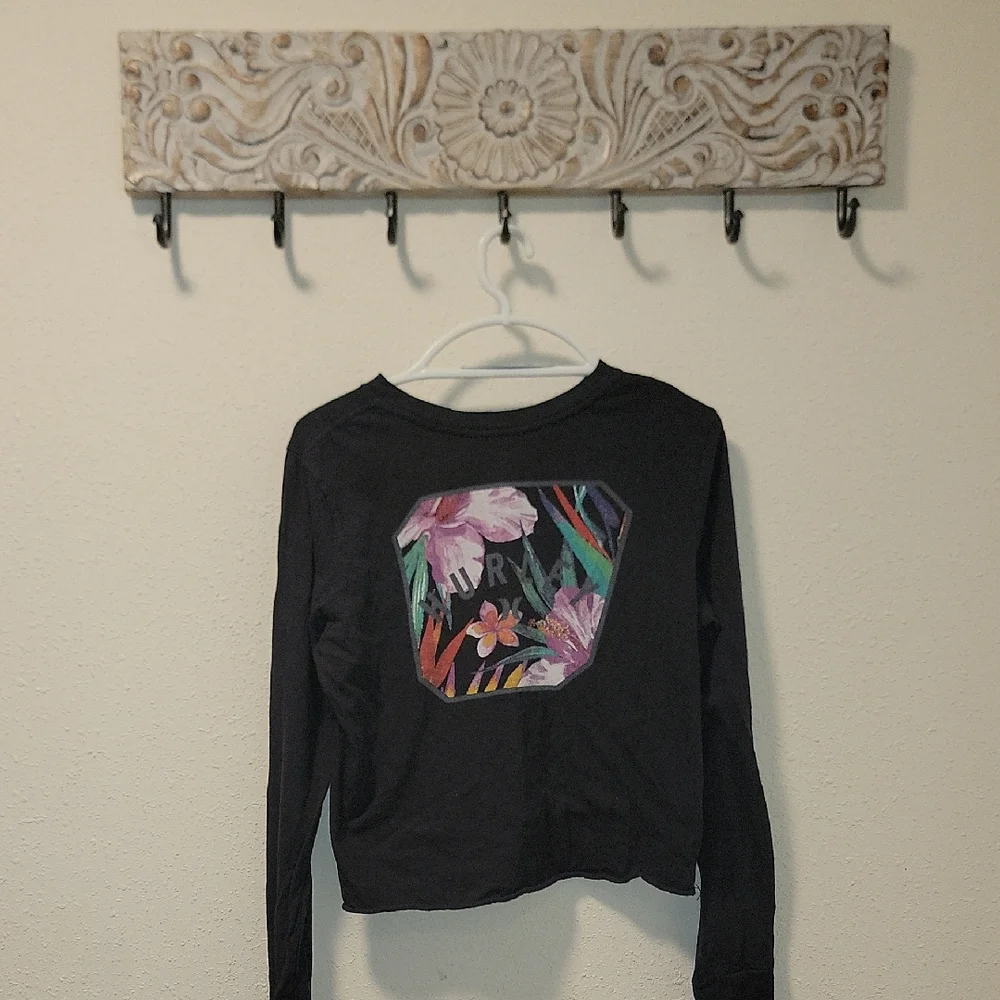 Hurley Black Long Sleeve Tee with Floral Design - Picture 1 of 5